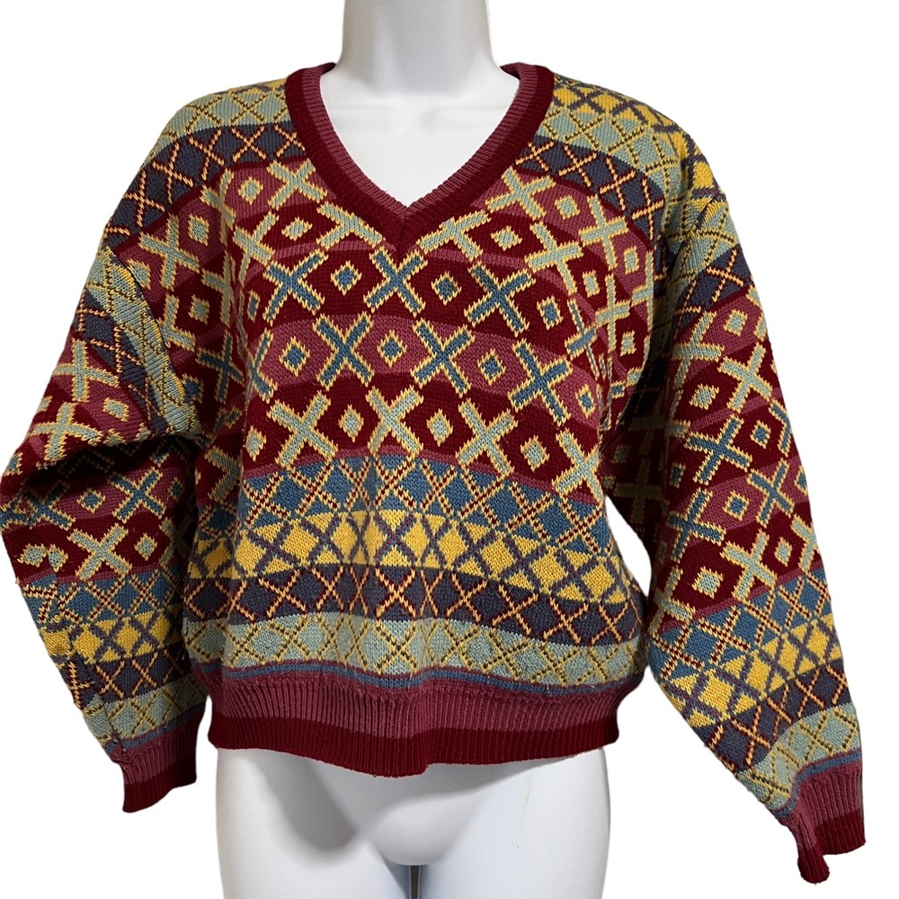 Vintage cropped v neck sweater bright colors M